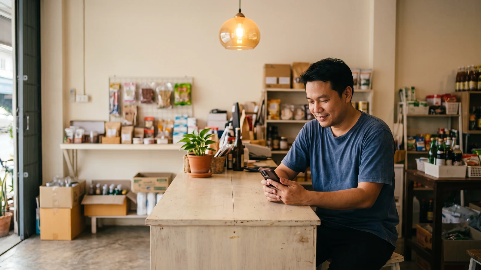 เจ้าของร้านไทยนั่งอ่านข้อความจากลูกค้าบนโทรศัพท์หลังเคาน์เตอร์ช่วงเย็น