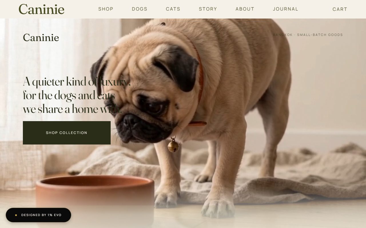 Caninie — เว็บแบรนด์สินค้าสัตว์เลี้ยง พร้อม catalog และ CTA เชื่อม LINE OA