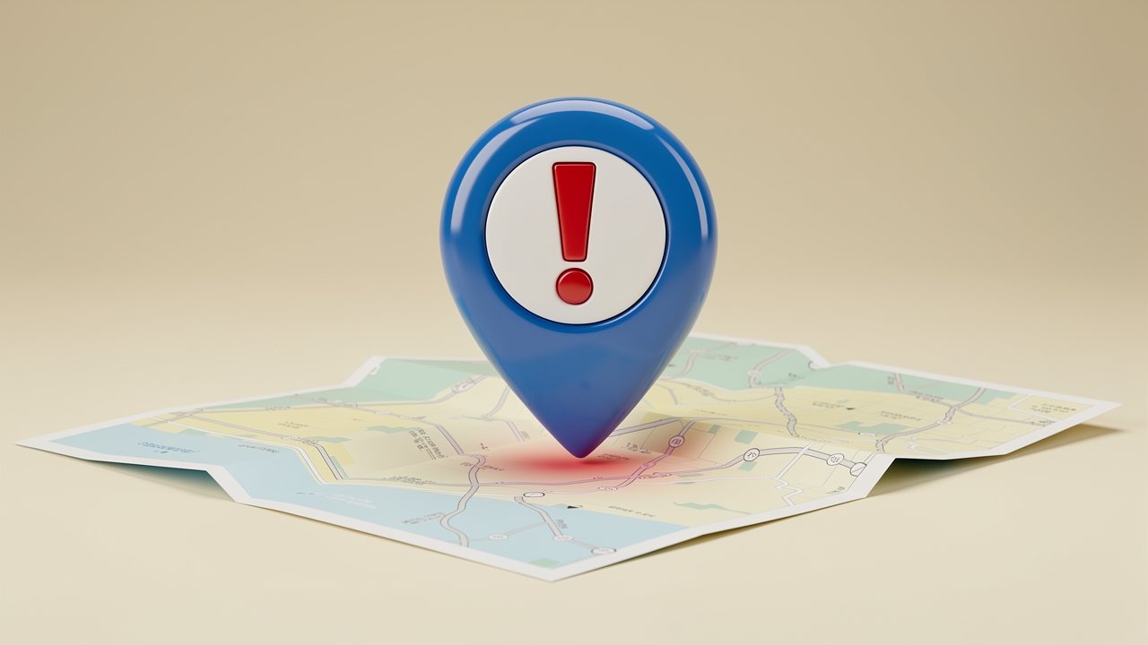 ภาพเรนเดอร์หมุด Google Maps 3 มิติที่ถูกระงับและลอยอยู่เหนือแผนที่