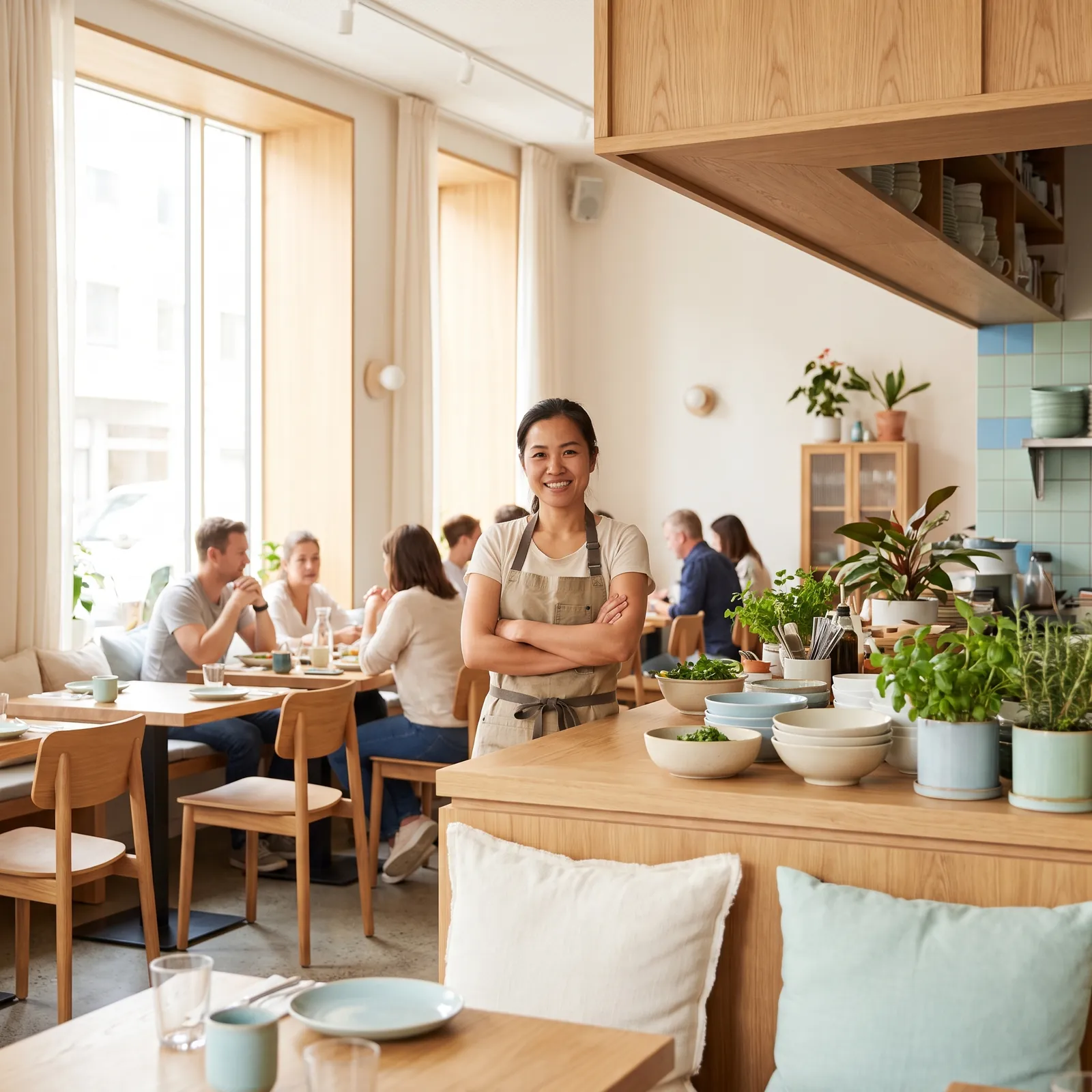 เจ้าของร้านอาหารยืนอยู่ในร้านที่มีลูกค้านั่งเต็ม — ร้านที่ข้อมูลบน Google ครบและลูกค้าใหม่หาเจอ