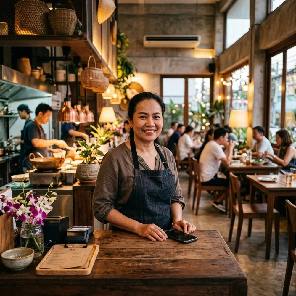 ร้านอาหารไทยที่มีลูกค้าเต็มร้าน เจ้าของร้านยืนอยู่ที่เคาน์เตอร์